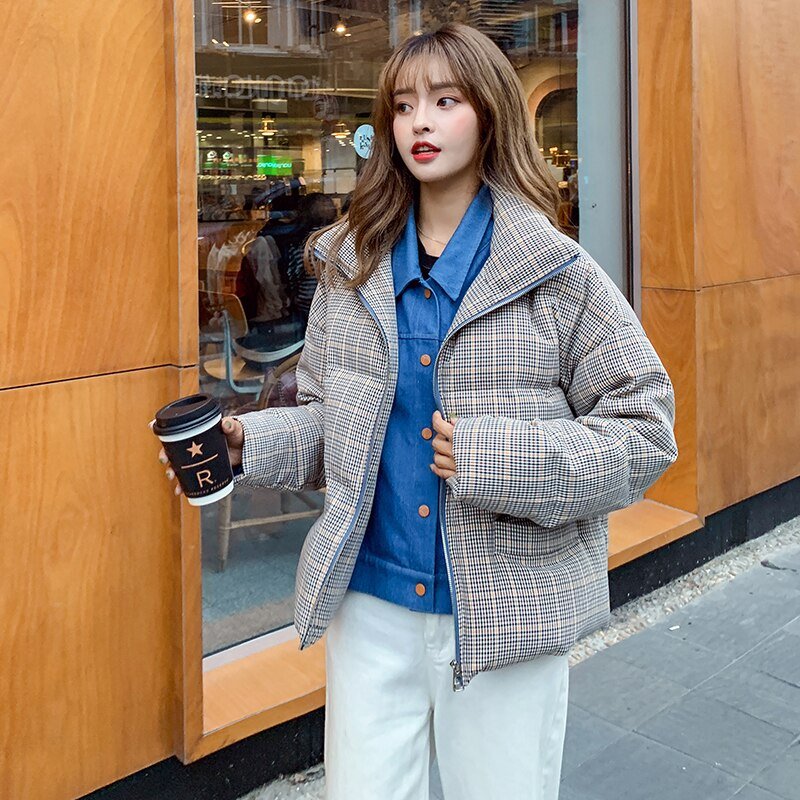 2020 New Fake Two Pieces Lattice Jacket Winter Thick Warm Cotton Padded Denim Short Jacket Women Contrast Color Jeans Coat A72