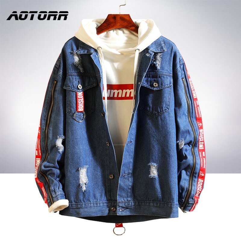 Autumn Retro Denim Jacket Mens Hip Hop Jeans Coat Casual Bomber Jacket Outerwear Male Letter Print Cotton Denim Jackets 2020 New