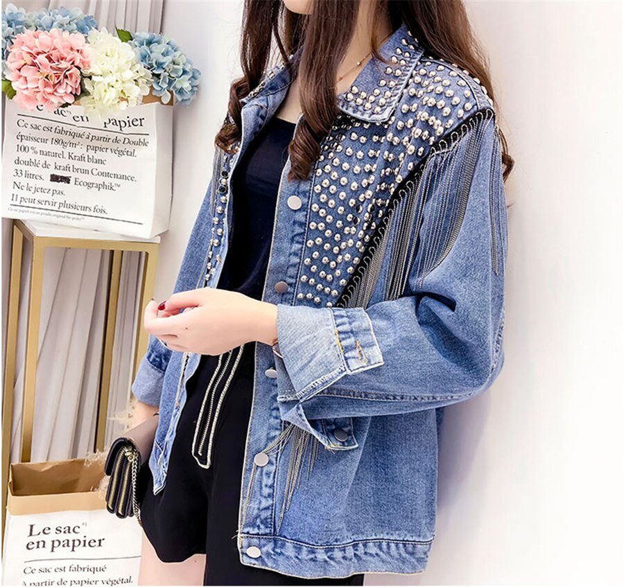 2020 Spring Autumn Denim Jacket Coat Women Rivet Tassel Chain Short Coats Woman Loose Black Coats Long Sleeve Vintage Outerwear