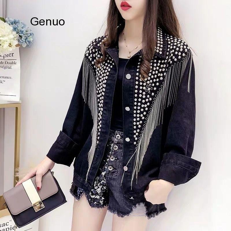2020 Spring Autumn Denim Jacket Coat Women Rivet Tassel Chain Short Coats Woman Loose Black Coats Long Sleeve Vintage Outerwear