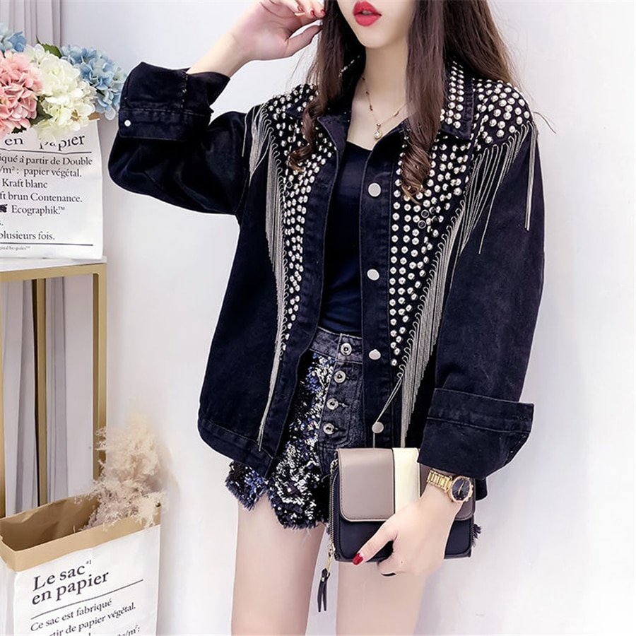 2020 Spring Autumn Denim Jacket Coat Women Rivet Tassel Chain Short Coats Woman Loose Black Coats Long Sleeve Vintage Outerwear