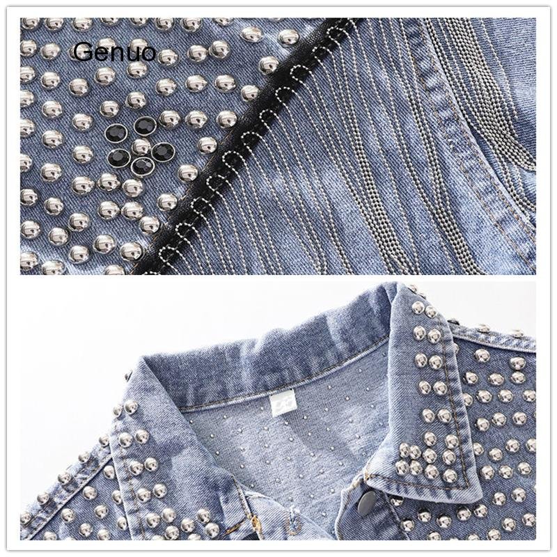 2020 Spring Autumn Denim Jacket Coat Women Rivet Tassel Chain Short Coats Woman Loose Black Coats Long Sleeve Vintage Outerwear