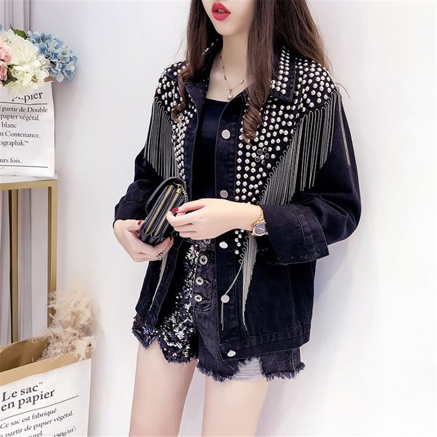 2020 Spring Autumn Denim Jacket Coat Women Rivet Tassel Chain Short Coats Woman Loose Black Coats Long Sleeve Vintage Outerwear