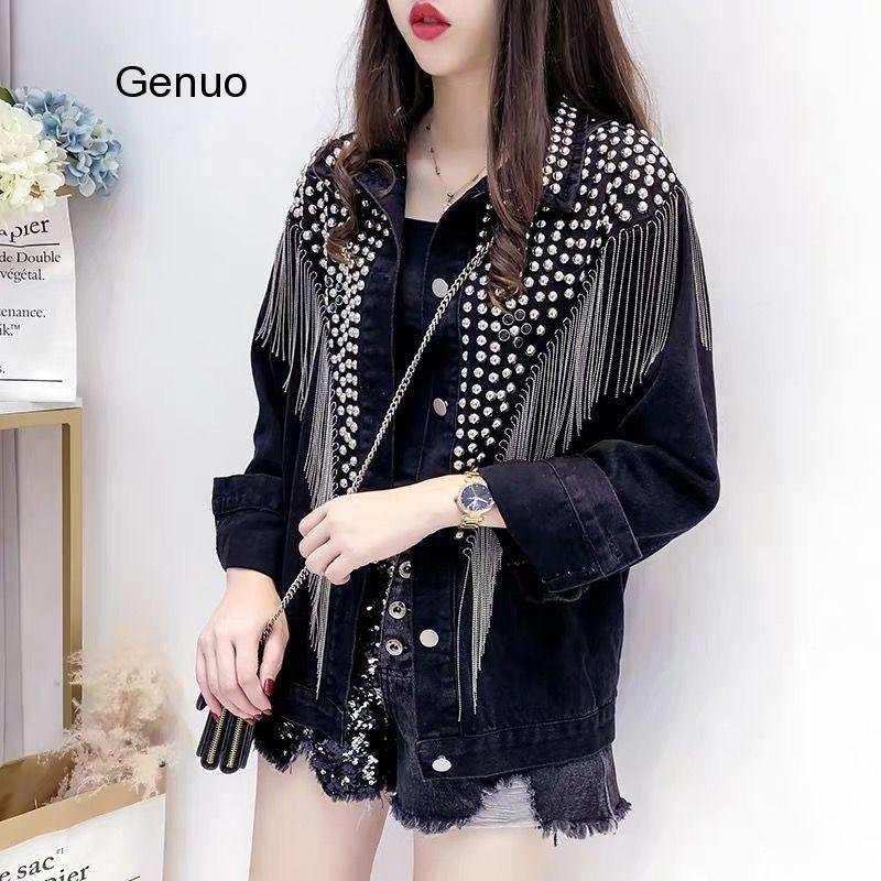 2020 Spring Autumn Denim Jacket Coat Women Rivet Tassel Chain Short Coats Woman Loose Black Coats Long Sleeve Vintage Outerwear