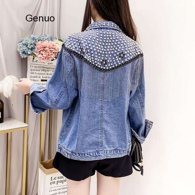 2020 Spring Autumn Denim Jacket Coat Women Rivet Tassel Chain Short Coats Woman Loose Black Coats Long Sleeve Vintage Outerwear