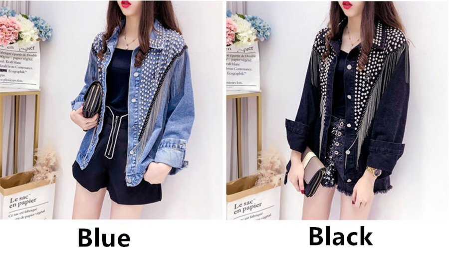 2020 Spring Autumn Denim Jacket Coat Women Rivet Tassel Chain Short Coats Woman Loose Black Coats Long Sleeve Vintage Outerwear