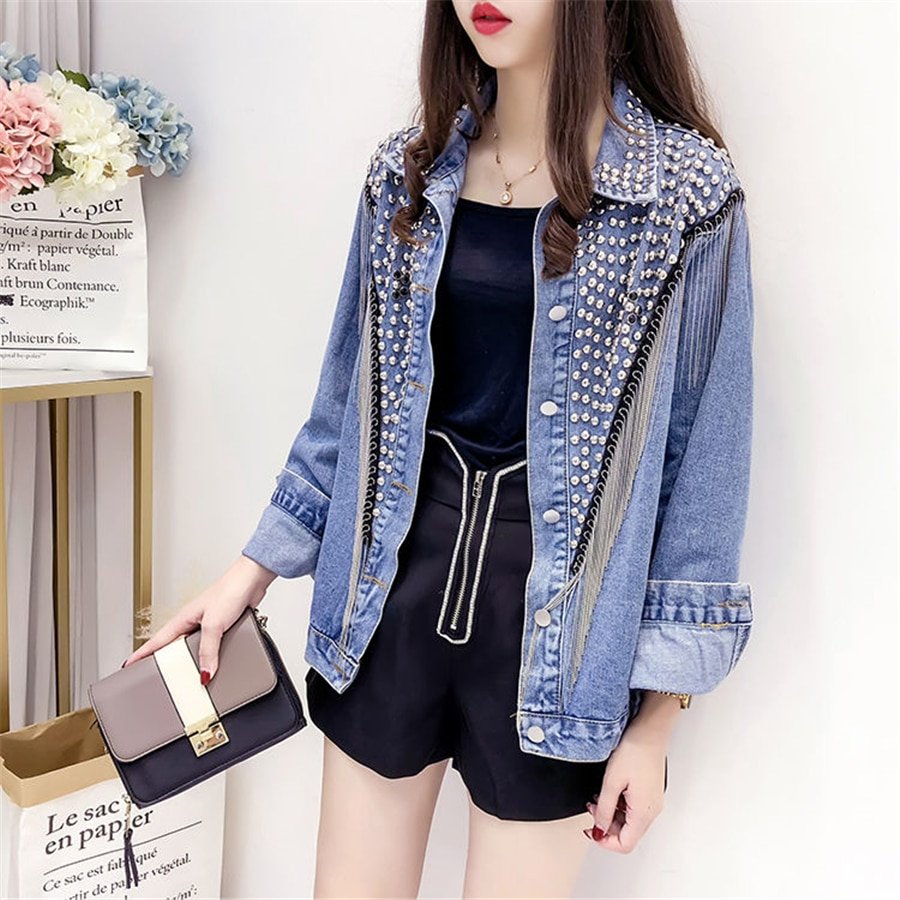 2020 Spring Autumn Denim Jacket Coat Women Rivet Tassel Chain Short Coats Woman Loose Black Coats Long Sleeve Vintage Outerwear
