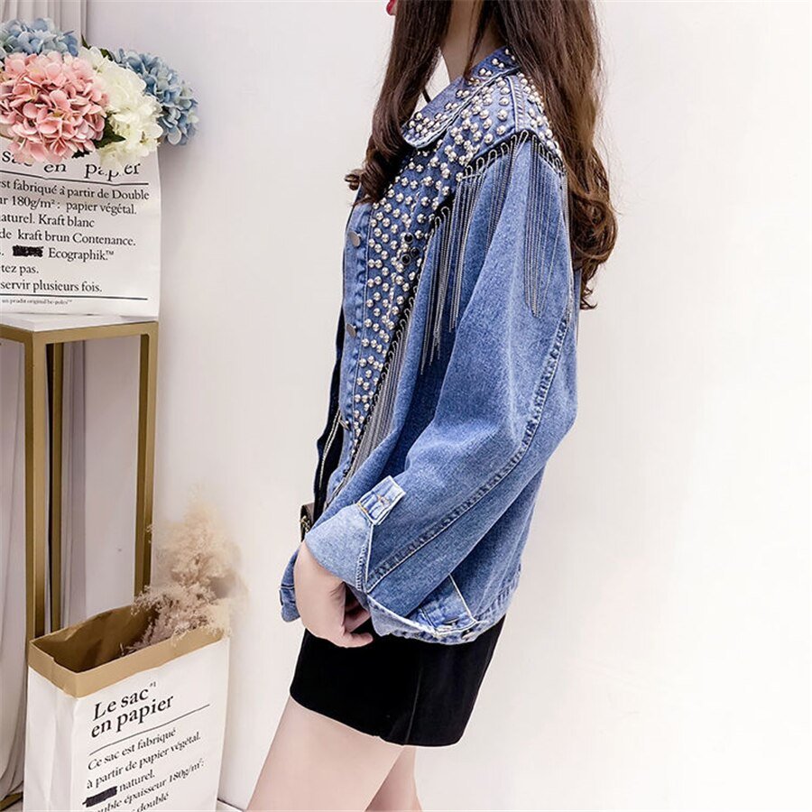 2020 Spring Autumn Denim Jacket Coat Women Rivet Tassel Chain Short Coats Woman Loose Black Coats Long Sleeve Vintage Outerwear