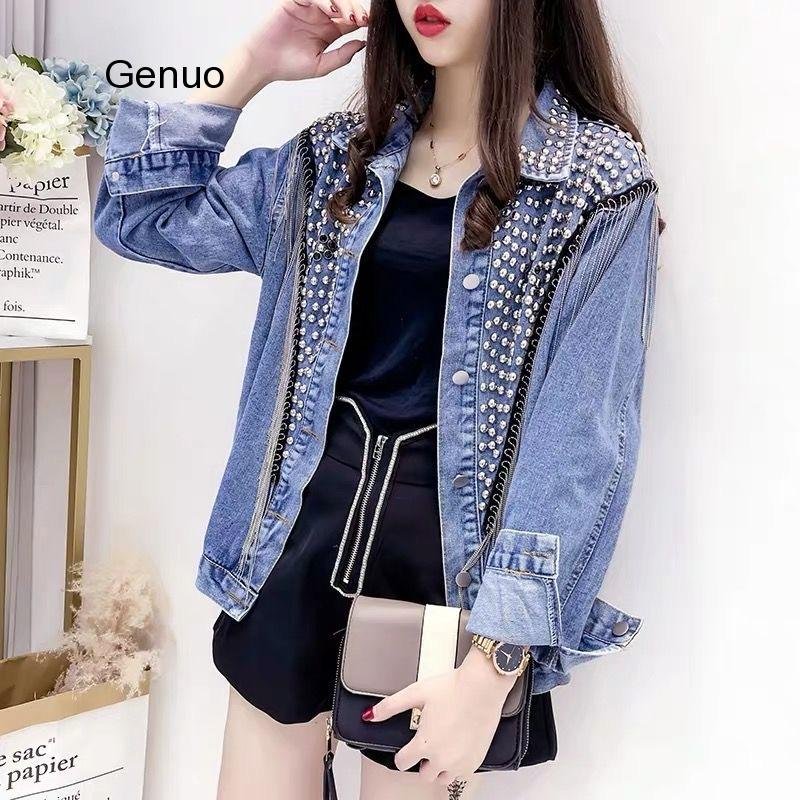2020 Spring Autumn Denim Jacket Coat Women Rivet Tassel Chain Short Coats Woman Loose Black Coats Long Sleeve Vintage Outerwear