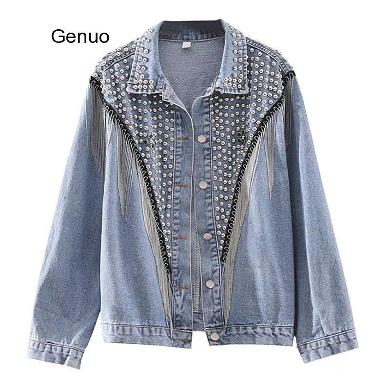 2020 Spring Autumn Denim Jacket Coat Women Rivet Tassel Chain Short Coats Woman Loose Black Coats Long Sleeve Vintage Outerwear