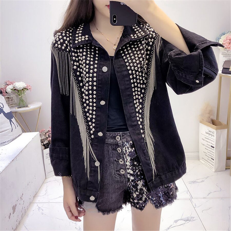 2020 Spring Autumn Denim Jacket Coat Women Rivet Tassel Chain Short Coats Woman Loose Black Coats Long Sleeve Vintage Outerwear