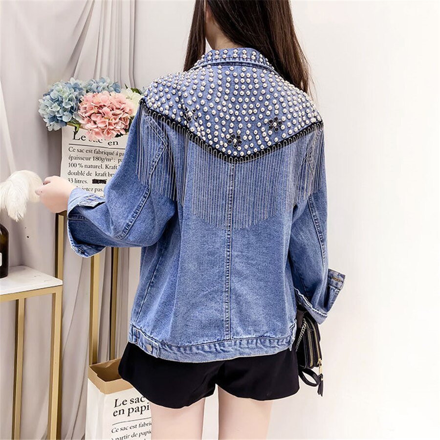 2020 Spring Autumn Denim Jacket Coat Women Rivet Tassel Chain Short Coats Woman Loose Black Coats Long Sleeve Vintage Outerwear