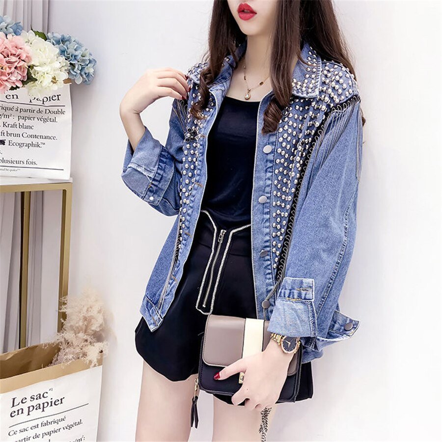 2020 Spring Autumn Denim Jacket Coat Women Rivet Tassel Chain Short Coats Woman Loose Black Coats Long Sleeve Vintage Outerwear