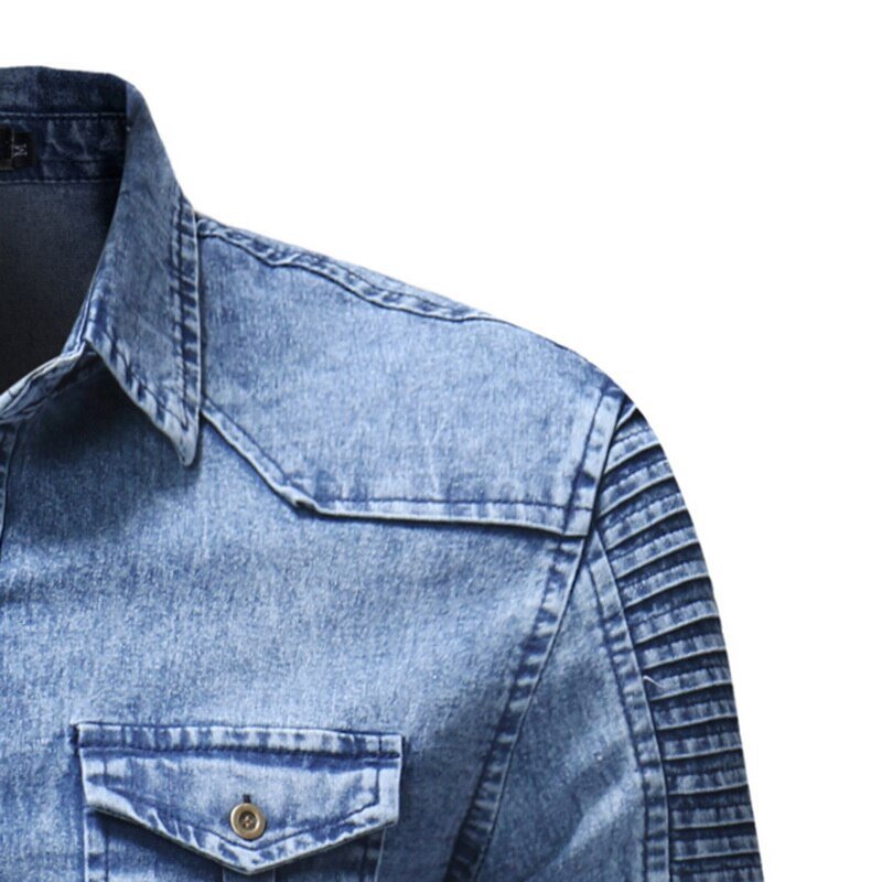 Vintage Denim Shirt Men Slim Fit Casual Jean Jacket Pleated Long Sleeve Buttun Up Blusas Masculina Streetwear Washed Jeans Shirt
