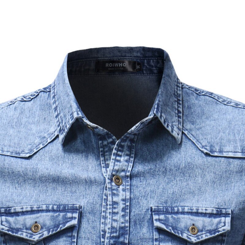 Vintage Denim Shirt Men Slim Fit Casual Jean Jacket Pleated Long Sleeve Buttun Up Blusas Masculina Streetwear Washed Jeans Shirt