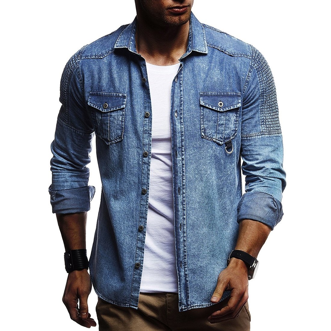 Vintage Denim Shirt Men Slim Fit Casual Jean Jacket Pleated Long Sleeve Buttun Up Blusas Masculina Streetwear Washed Jeans Shirt