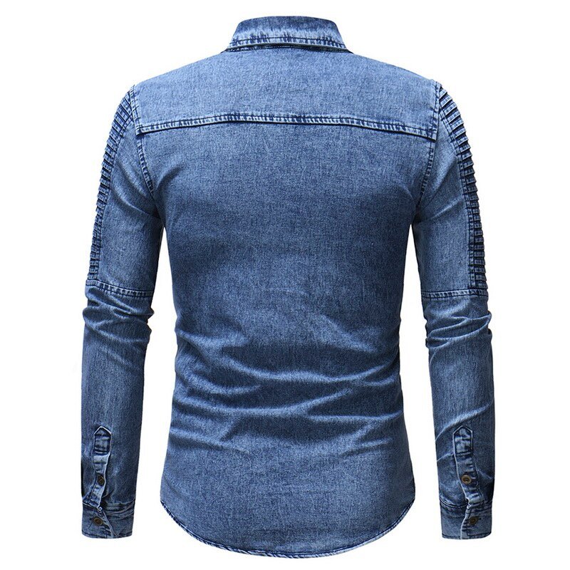 Vintage Denim Shirt Men Slim Fit Casual Jean Jacket Pleated Long Sleeve Buttun Up Blusas Masculina Streetwear Washed Jeans Shirt