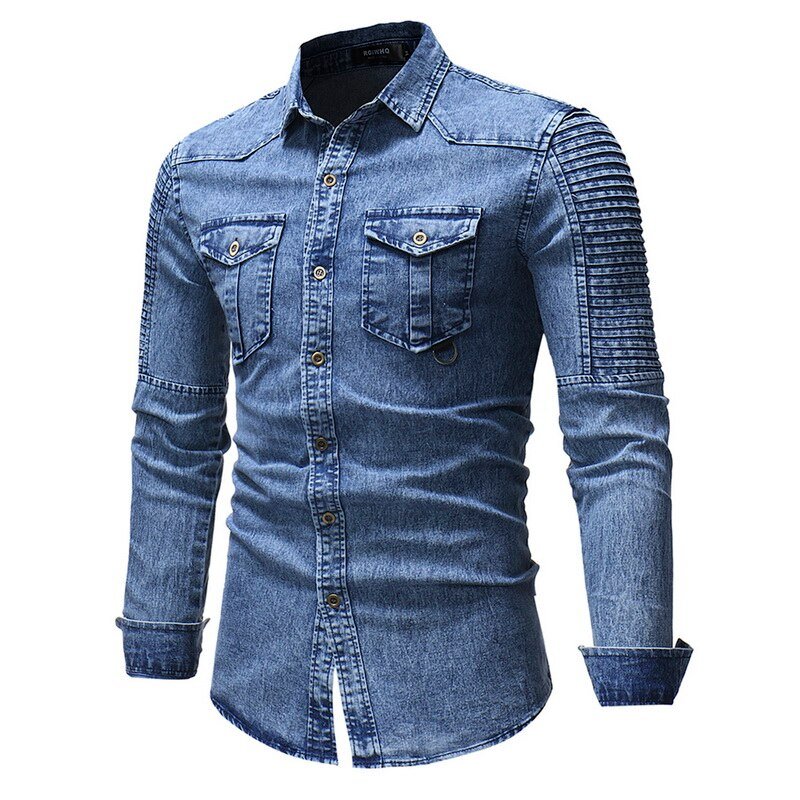 Vintage Denim Shirt Men Slim Fit Casual Jean Jacket Pleated Long Sleeve Buttun Up Blusas Masculina Streetwear Washed Jeans Shirt