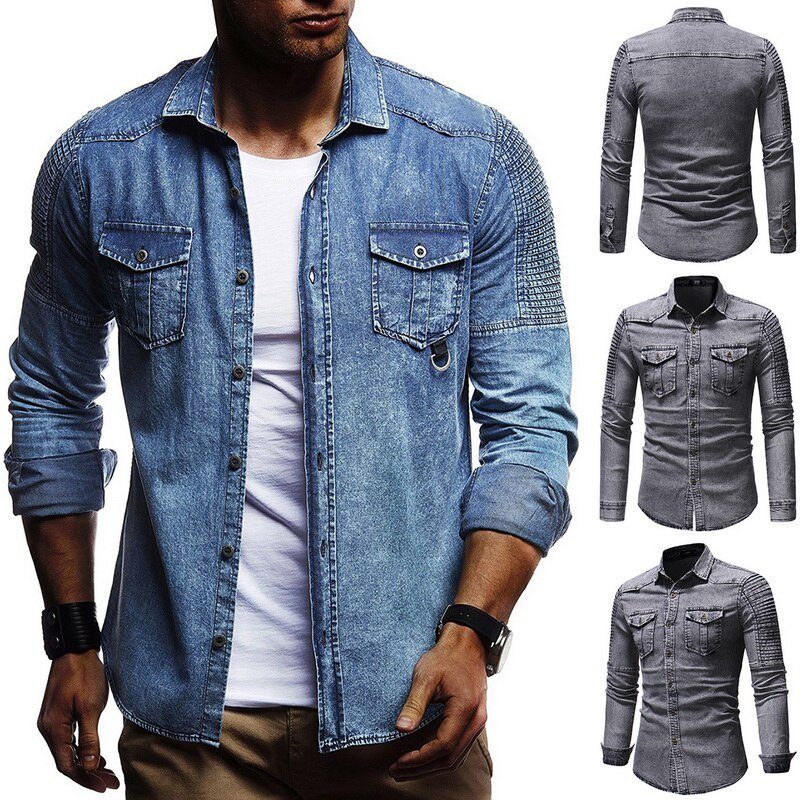 Vintage Denim Shirt Men Slim Fit Casual Jean Jacket Pleated Long Sleeve Buttun Up Blusas Masculina Streetwear Washed Jeans Shirt