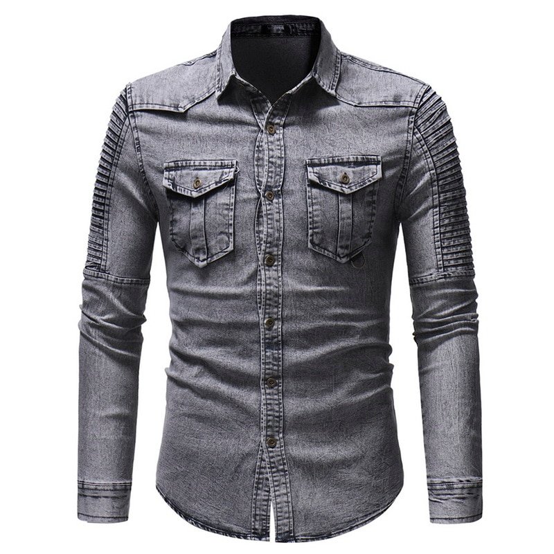 Vintage Denim Shirt Men Slim Fit Casual Jean Jacket Pleated Long Sleeve Buttun Up Blusas Masculina Streetwear Washed Jeans Shirt