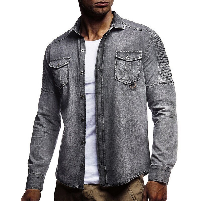 Vintage Denim Shirt Men Slim Fit Casual Jean Jacket Pleated Long Sleeve Buttun Up Blusas Masculina Streetwear Washed Jeans Shirt