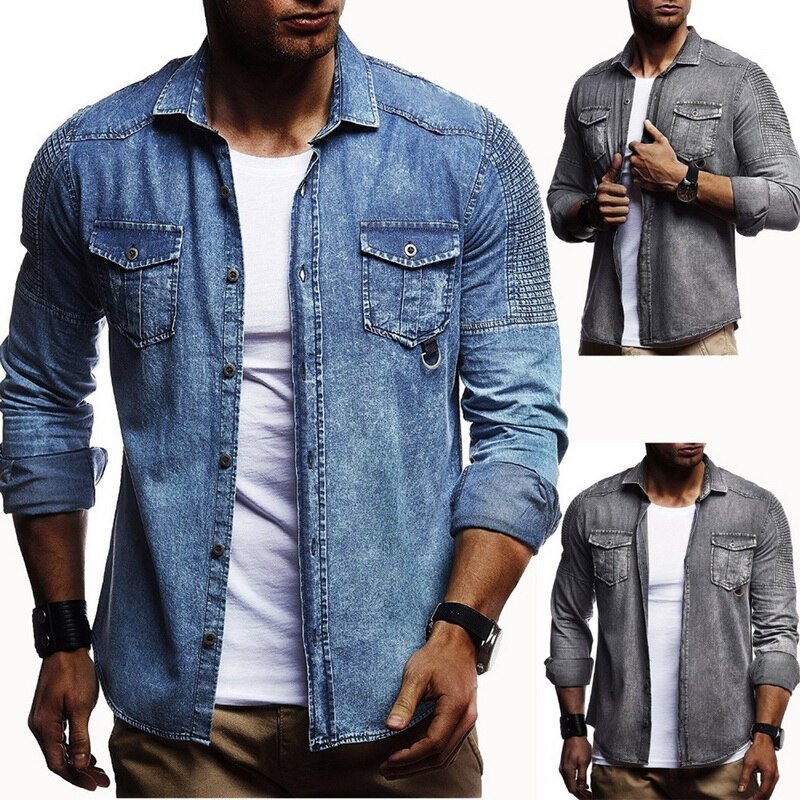 Vintage Denim Shirt Men Slim Fit Casual Jean Jacket Pleated Long Sleeve Buttun Up Blusas Masculina Streetwear Washed Jeans Shirt