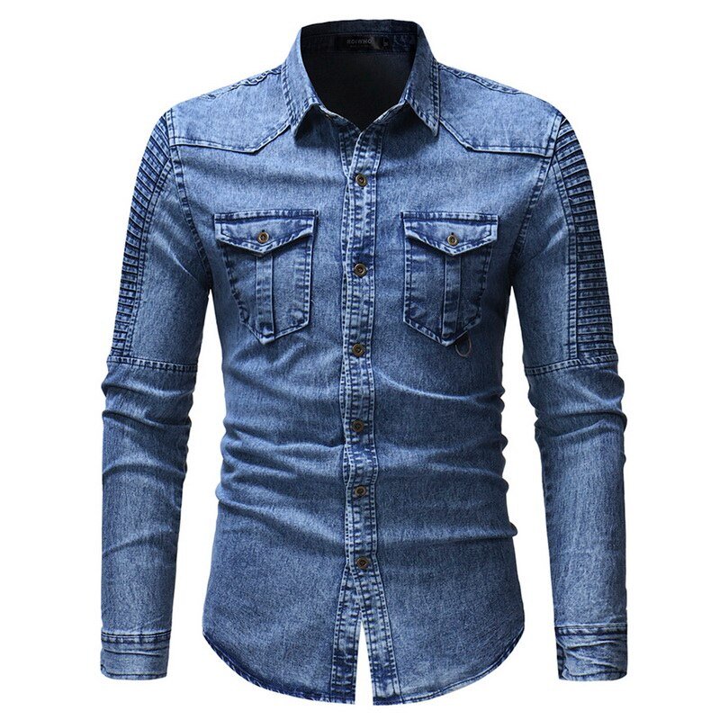 Vintage Denim Shirt Men Slim Fit Casual Jean Jacket Pleated Long Sleeve Buttun Up Blusas Masculina Streetwear Washed Jeans Shirt