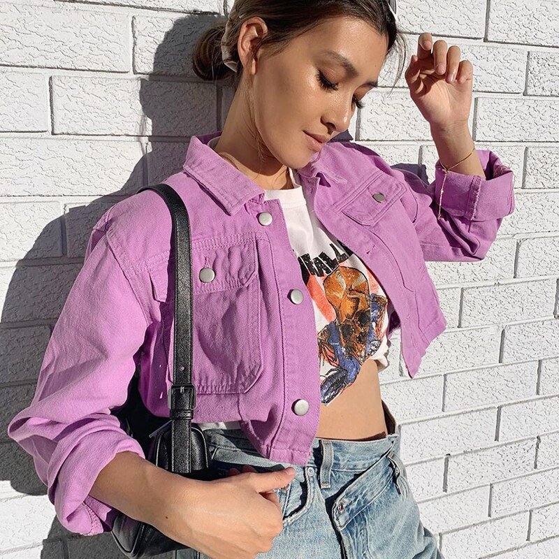 Purple Solid Cropped Denim Jacket	Women Harajuku Vintage Hip Hop Egirl Jean Coat Streertwear Female Down Jackets Autumn Iamhotty