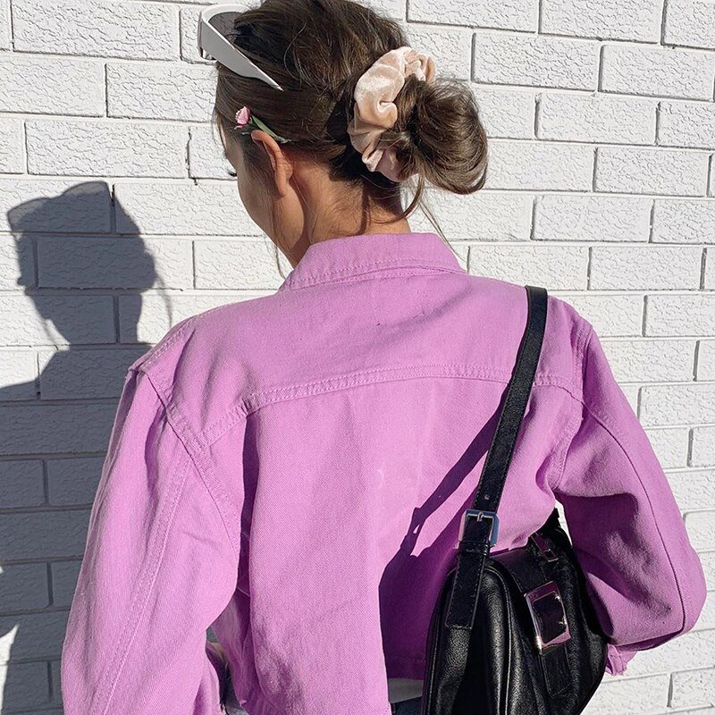 Purple Solid Cropped Denim Jacket	Women Harajuku Vintage Hip Hop Egirl Jean Coat Streertwear Female Down Jackets Autumn Iamhotty