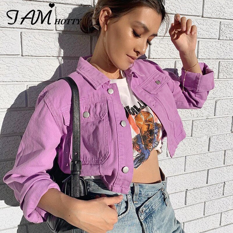 Purple Solid Cropped Denim Jacket	Women Harajuku Vintage Hip Hop Egirl Jean Coat Streertwear Female Down Jackets Autumn Iamhotty