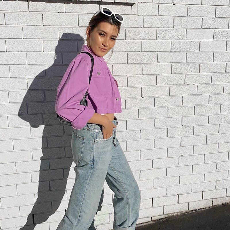 Purple Solid Cropped Denim Jacket	Women Harajuku Vintage Hip Hop Egirl Jean Coat Streertwear Female Down Jackets Autumn Iamhotty