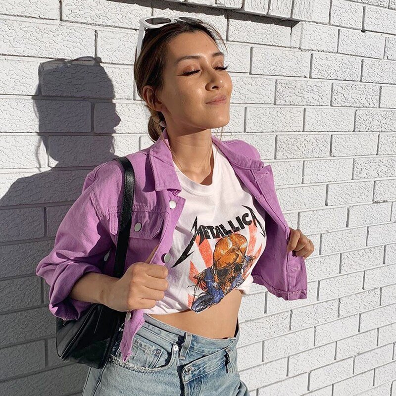 Purple Solid Cropped Denim Jacket	Women Harajuku Vintage Hip Hop Egirl Jean Coat Streertwear Female Down Jackets Autumn Iamhotty