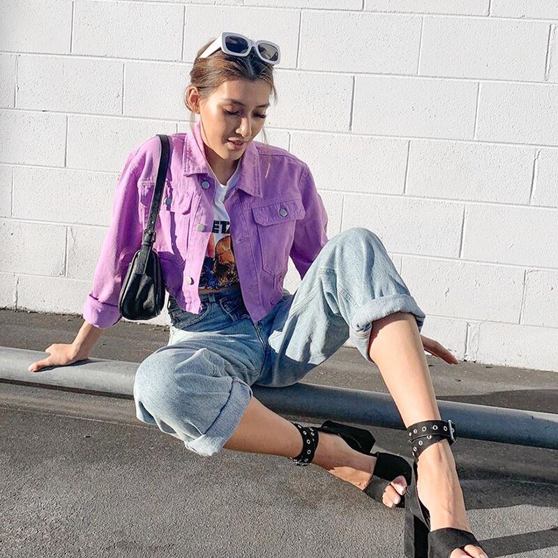 Purple Solid Cropped Denim Jacket	Women Harajuku Vintage Hip Hop Egirl Jean Coat Streertwear Female Down Jackets Autumn Iamhotty