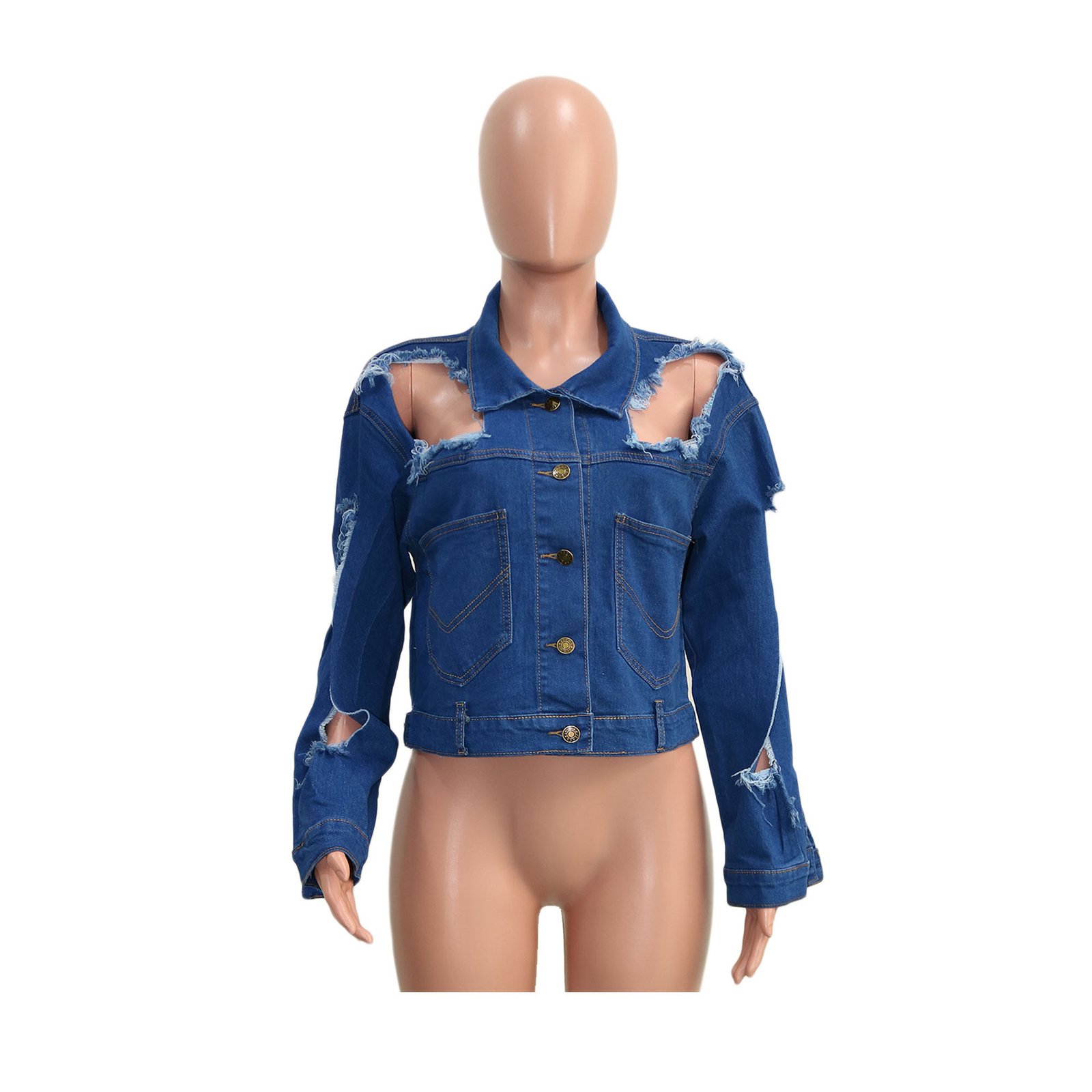 CM.YAYA Streetwear Women Hole Denim Coat Button Up Sexy Jean Hollow Out Turn-down Neck Long Sleeve Jacket Winter Autumn