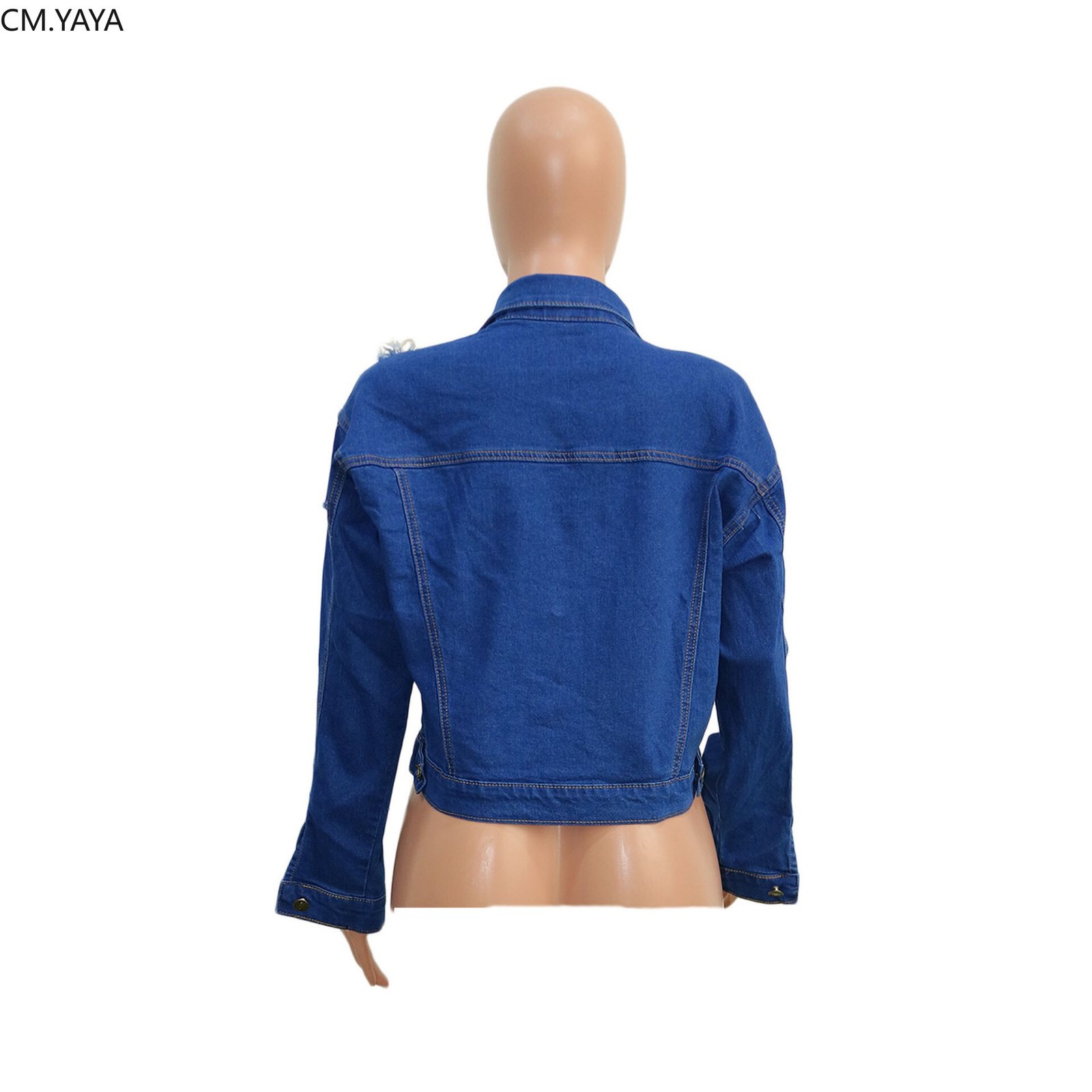 CM.YAYA Streetwear Women Hole Denim Coat Button Up Sexy Jean Hollow Out Turn-down Neck Long Sleeve Jacket Winter Autumn
