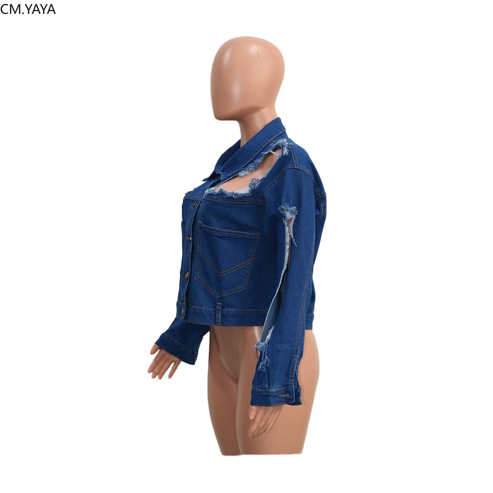 CM.YAYA Streetwear Women Hole Denim Coat Button Up Sexy Jean Hollow Out Turn-down Neck Long Sleeve Jacket Winter Autumn