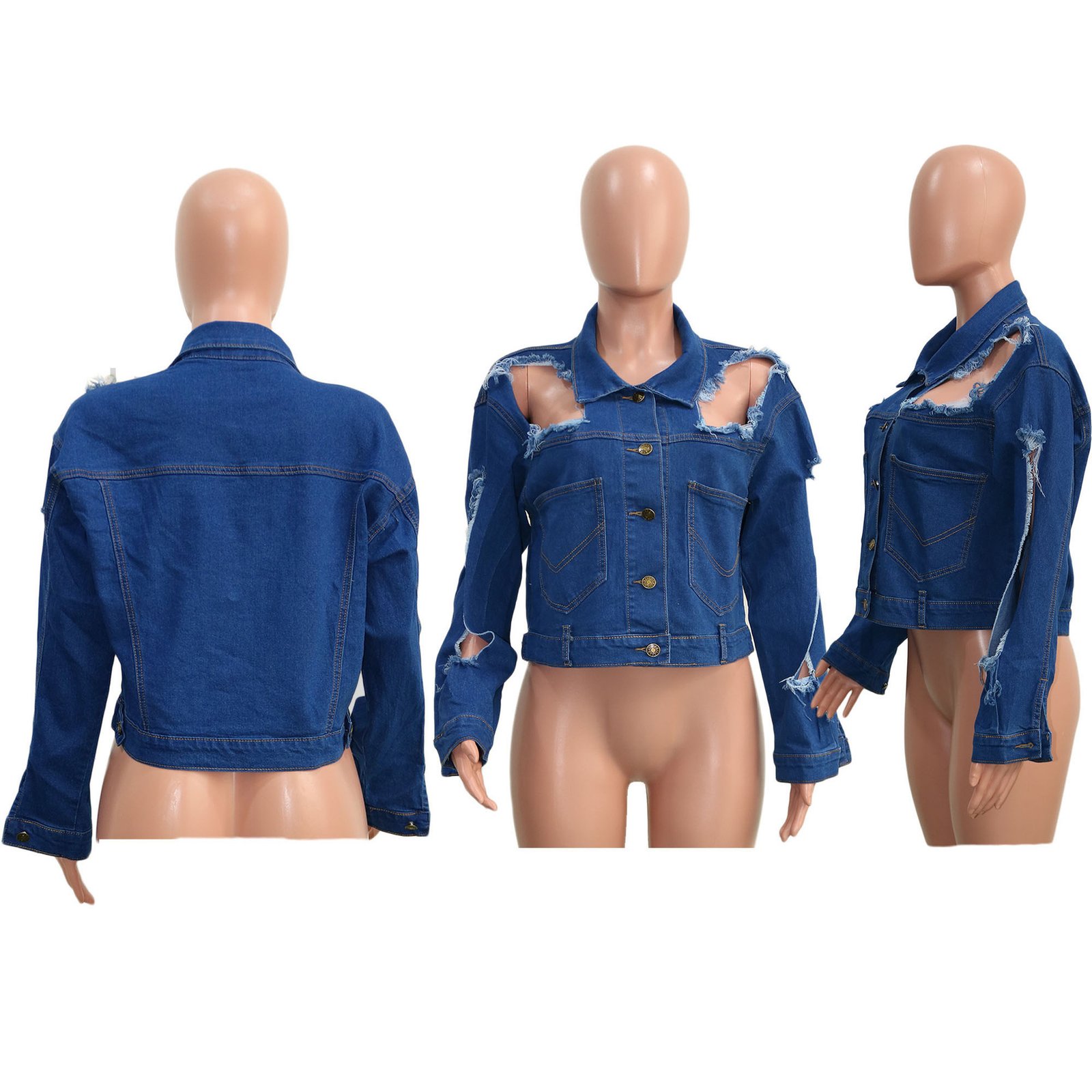 CM.YAYA Streetwear Women Hole Denim Coat Button Up Sexy Jean Hollow Out Turn-down Neck Long Sleeve Jacket Winter Autumn