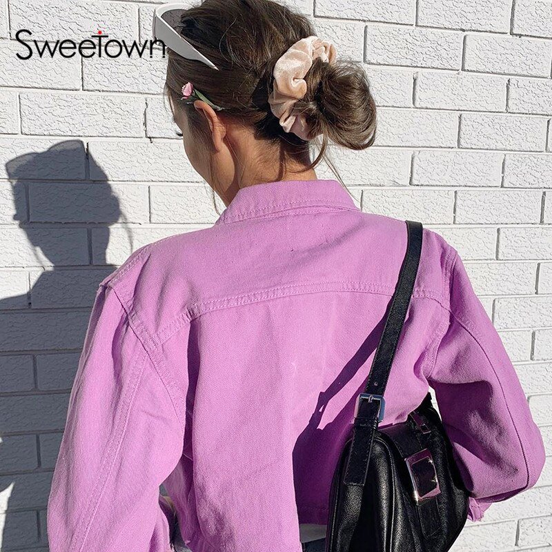 Sweetown Autumn 2020 Cropped Bomber Denim Jackets Women England Preppy Style Y2K Clothes Turn-Down Collar Long Sleeve 90s Coats