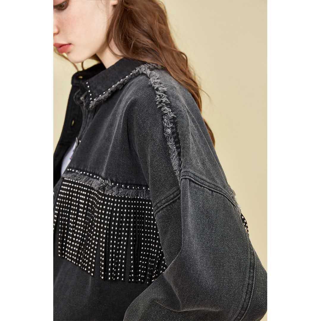2020 Women Spring Fringed Denim Jacket Retro Tassels Rivets Oversized Beading Jeans Jacket  Loose Red Army Green Outerwear