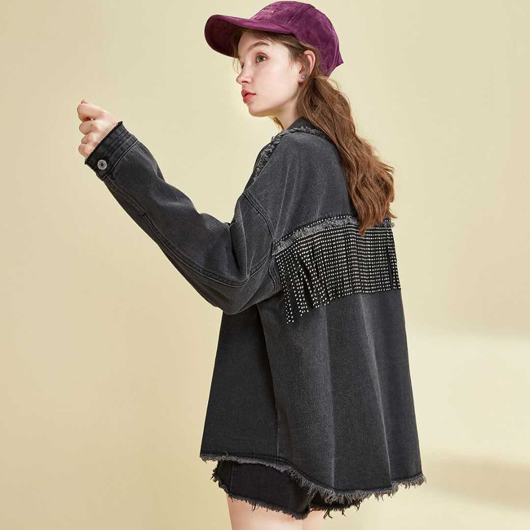 2020 Women Spring Fringed Denim Jacket Retro Tassels Rivets Oversized Beading Jeans Jacket  Loose Red Army Green Outerwear