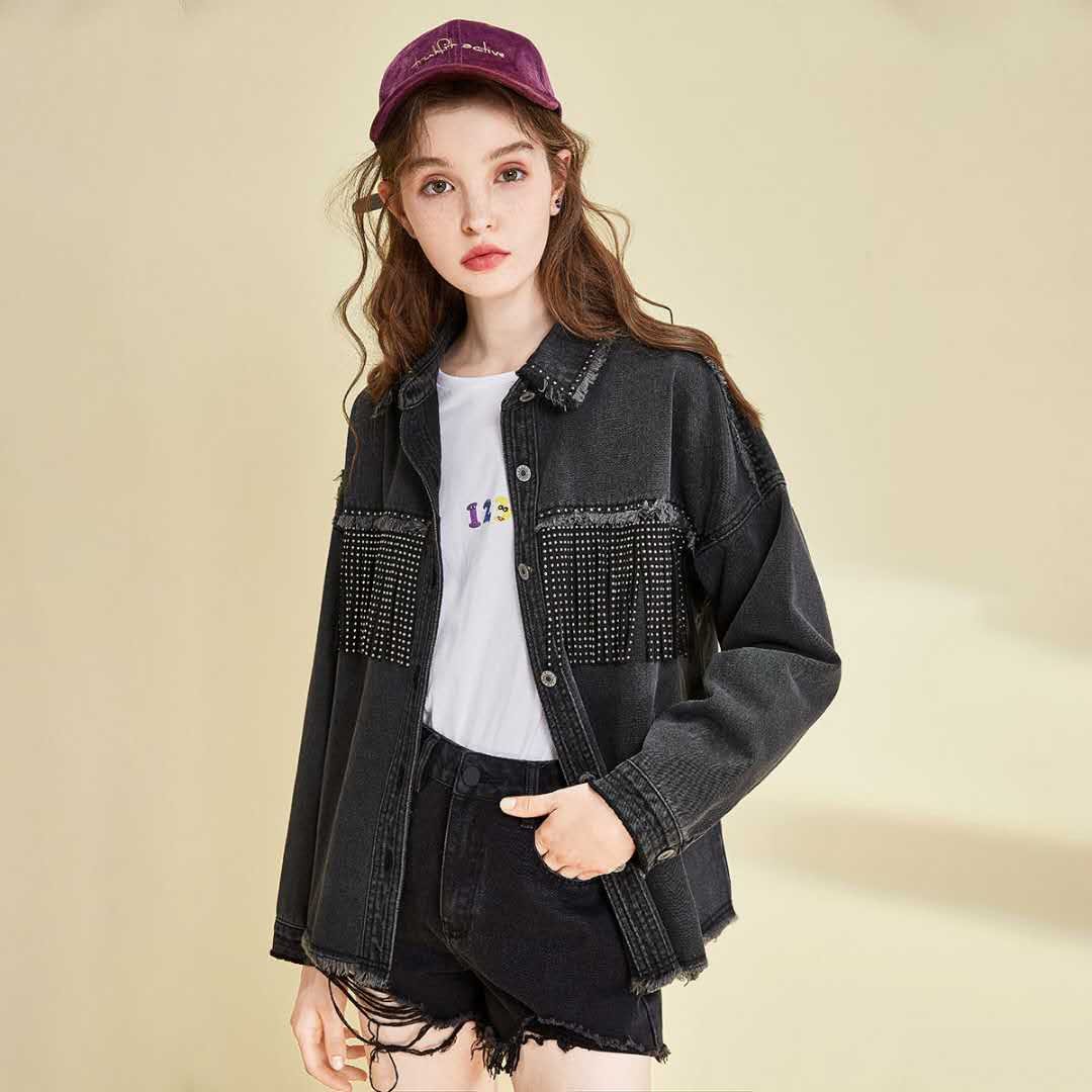 2020 Women Spring Fringed Denim Jacket Retro Tassels Rivets Oversized Beading Jeans Jacket  Loose Red Army Green Outerwear