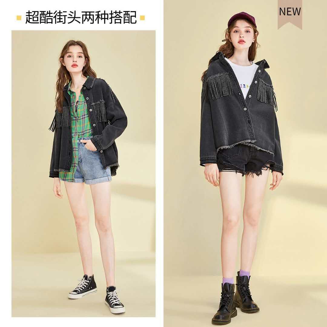 2020 Women Spring Fringed Denim Jacket Retro Tassels Rivets Oversized Beading Jeans Jacket  Loose Red Army Green Outerwear