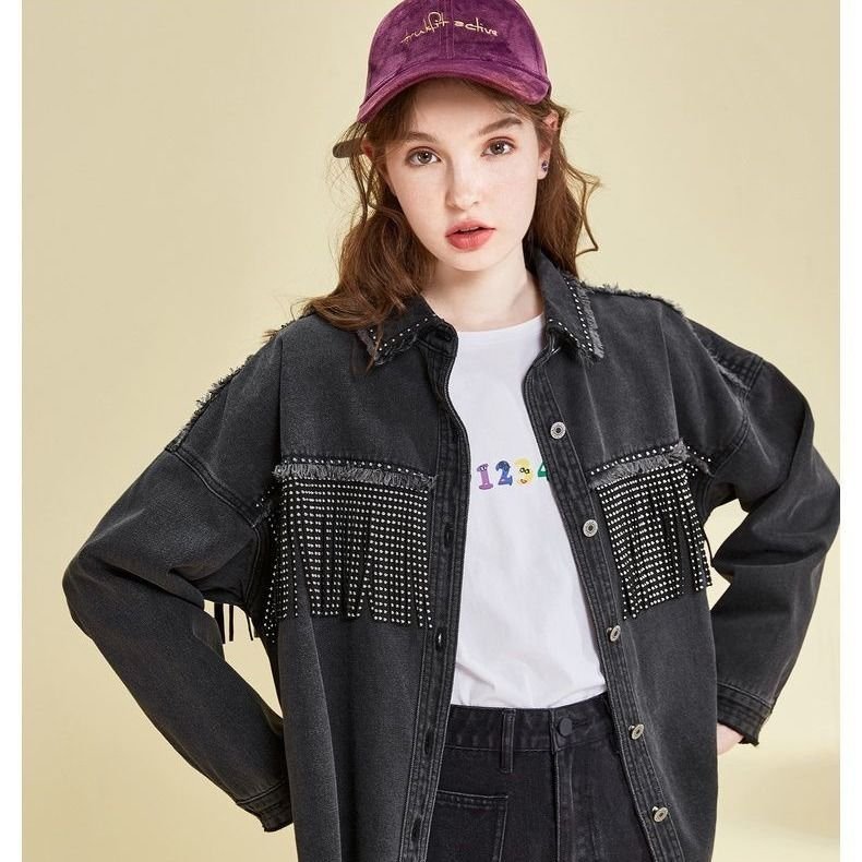 2020 Women Spring Fringed Denim Jacket Retro Tassels Rivets Oversized Beading Jeans Jacket  Loose Red Army Green Outerwear