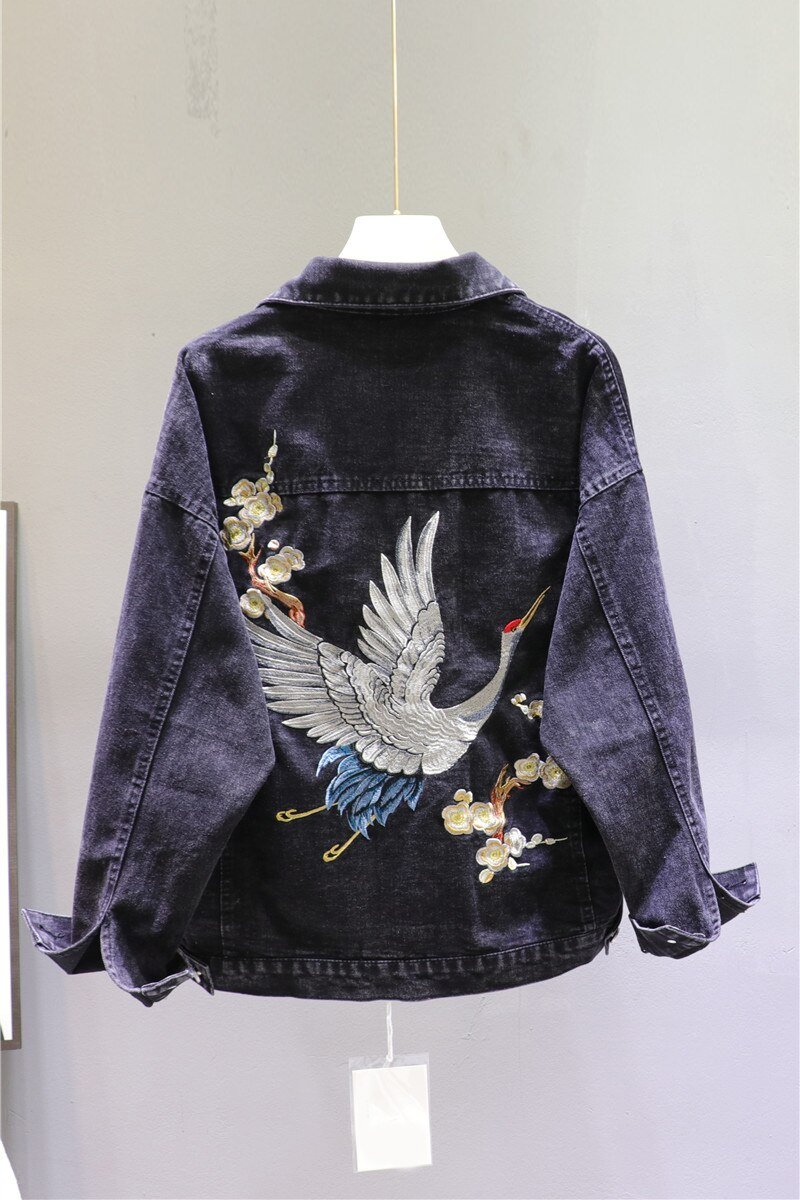 2020 Spring Loose-Fit Denim Jacket Handsome Boyfriend Wind Heavy Embroidery Small Crane Fashionable Black Jacket Women's Coat