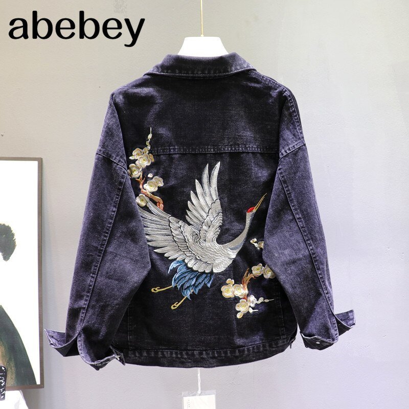 2020 Spring Loose-Fit Denim Jacket Handsome Boyfriend Wind Heavy Embroidery Small Crane Fashionable Black Jacket Women's Coat