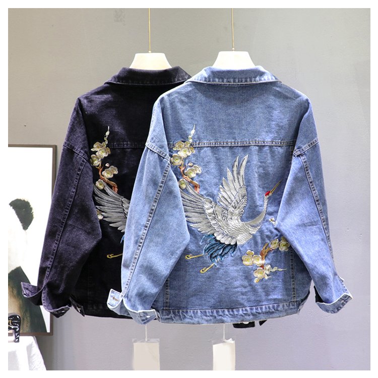 2020 Spring Loose-Fit Denim Jacket Handsome Boyfriend Wind Heavy Embroidery Small Crane Fashionable Black Jacket Women's Coat