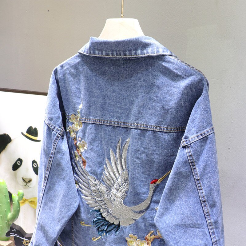 2020 Spring Loose-Fit Denim Jacket Handsome Boyfriend Wind Heavy Embroidery Small Crane Fashionable Black Jacket Women's Coat