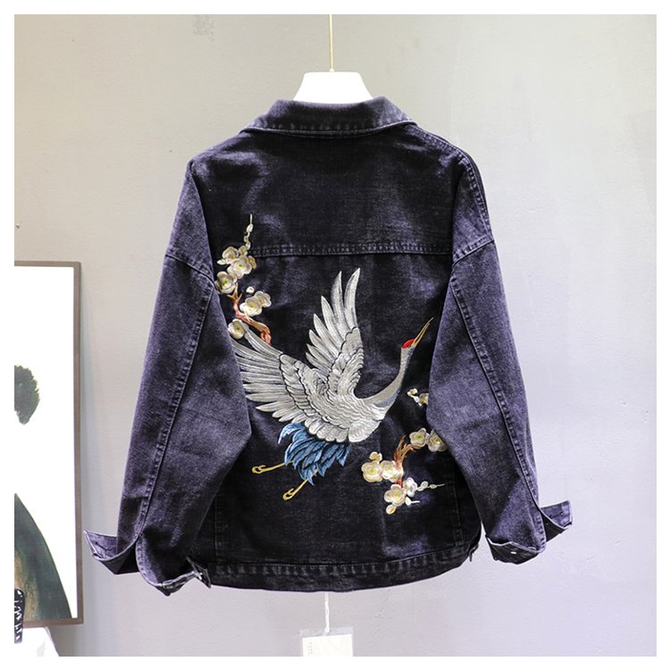 2020 Spring Loose-Fit Denim Jacket Handsome Boyfriend Wind Heavy Embroidery Small Crane Fashionable Black Jacket Women's Coat