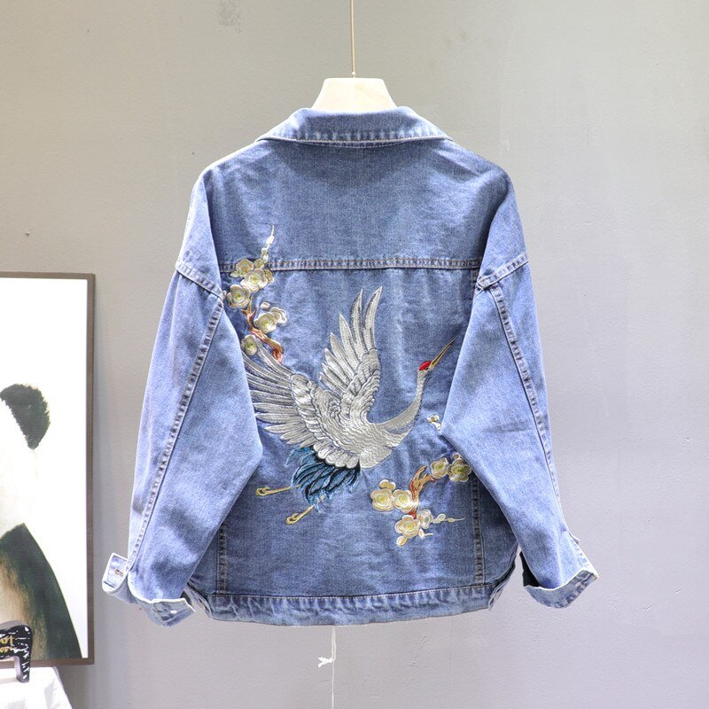 2020 Spring Loose-Fit Denim Jacket Handsome Boyfriend Wind Heavy Embroidery Small Crane Fashionable Black Jacket Women's Coat