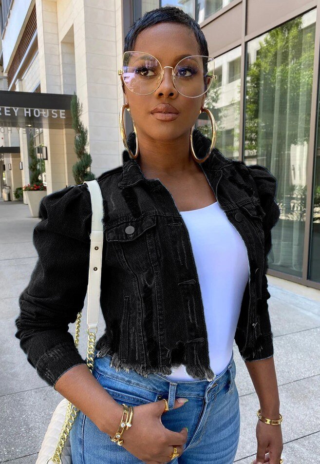 Plus Size 5XL Women Denim Jeans Jacket Short Worn Jeans Coat Female Lady Puff Sleeve Holes Ripped Blue Black Denim Coat Top